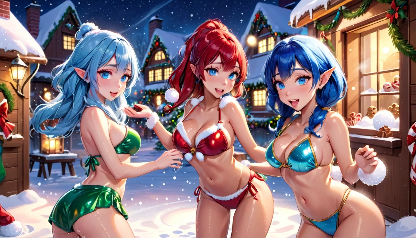 some beautiful blue-skinned elf girls with delicate sapphire hair, ice blue eyes in a red and green bikini, playing in the snow (tossing snowballs, building snow women, splashing snow at one another) outside Santa's workshop on a starry night, lots of Christmas decorations, gingerbread and gum drop elf cabins, ultra-realistic, 8k, highly detailed, masterpiece, volumetric lighting, photorealistic, intricate, elegant, ethereal, whimsical, fantasy, soft warm lighting