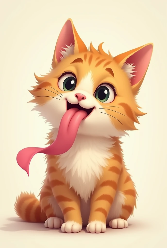 A furry ager cat with his long tongue out