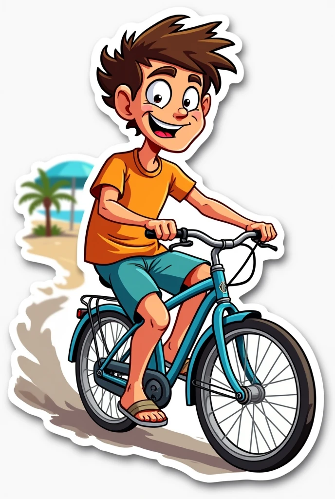 Vector image sticker of a guy in beach dress riding bike side view cartoonistic