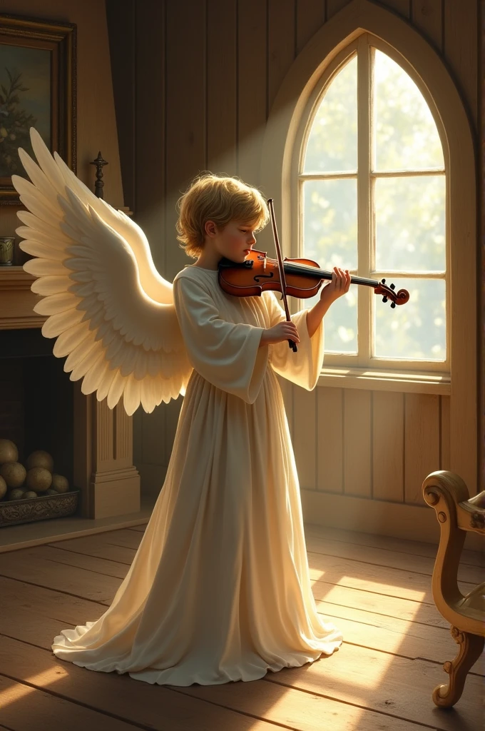 in a wooden room an angel boy plays the violin and his face is not visible, he is turned away