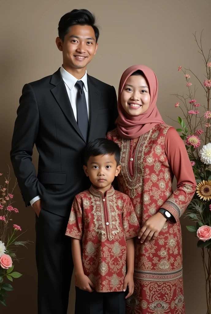 Portrait of young Indonesian man 18 years old wearing a suit and young Indonesian woman 1 wearing a kebaya and a boy wearing a suit and a girl wearing a kebaya and hijab standing in a photo studio room,there are flower decorations