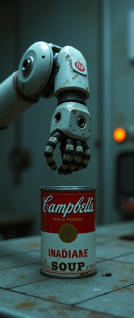 In a dimly lit, cyberpunk-inspired room, a robotic arm with a vintage, industrial design is slowly opening a can of soup with an electric can opener. The room is filled with cold, metallic textures, and the lighting is minimal, casting long shadows and reflecting off the surfaces in a dull, bluish-gray hue. The can of soup, reminiscent of the iconic Campbell’s design, is slightly rusted, with peeling labels that suggest decay and abandonment. The electric can opener emits a low hum, echoing in the desolate, industrial space as the lid is slowly removed. The entire scene exudes a sense of eerie nostalgia, with only the faint orange glow of a few malfunctioning LED lights adding a touch of color to the otherwise monochrome palette