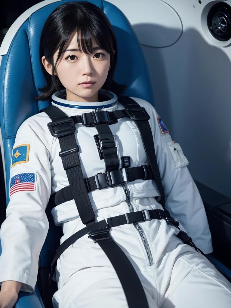 Japanese female astronaut,Black Hair,Space capsule,I was completely strapped into a reclined seat with a thick harness, so I couldn&#39;t move.,Plump,Spread your legs,Squat,Surrounded by switches and monitors,