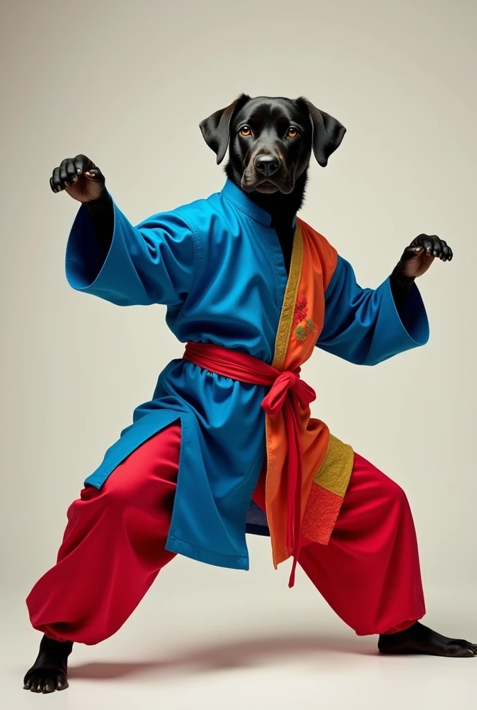A black Labrador retriever. Wearing a Blue robe with red, orange, and yellow patches, red pants. Doing a kung-fu pose.