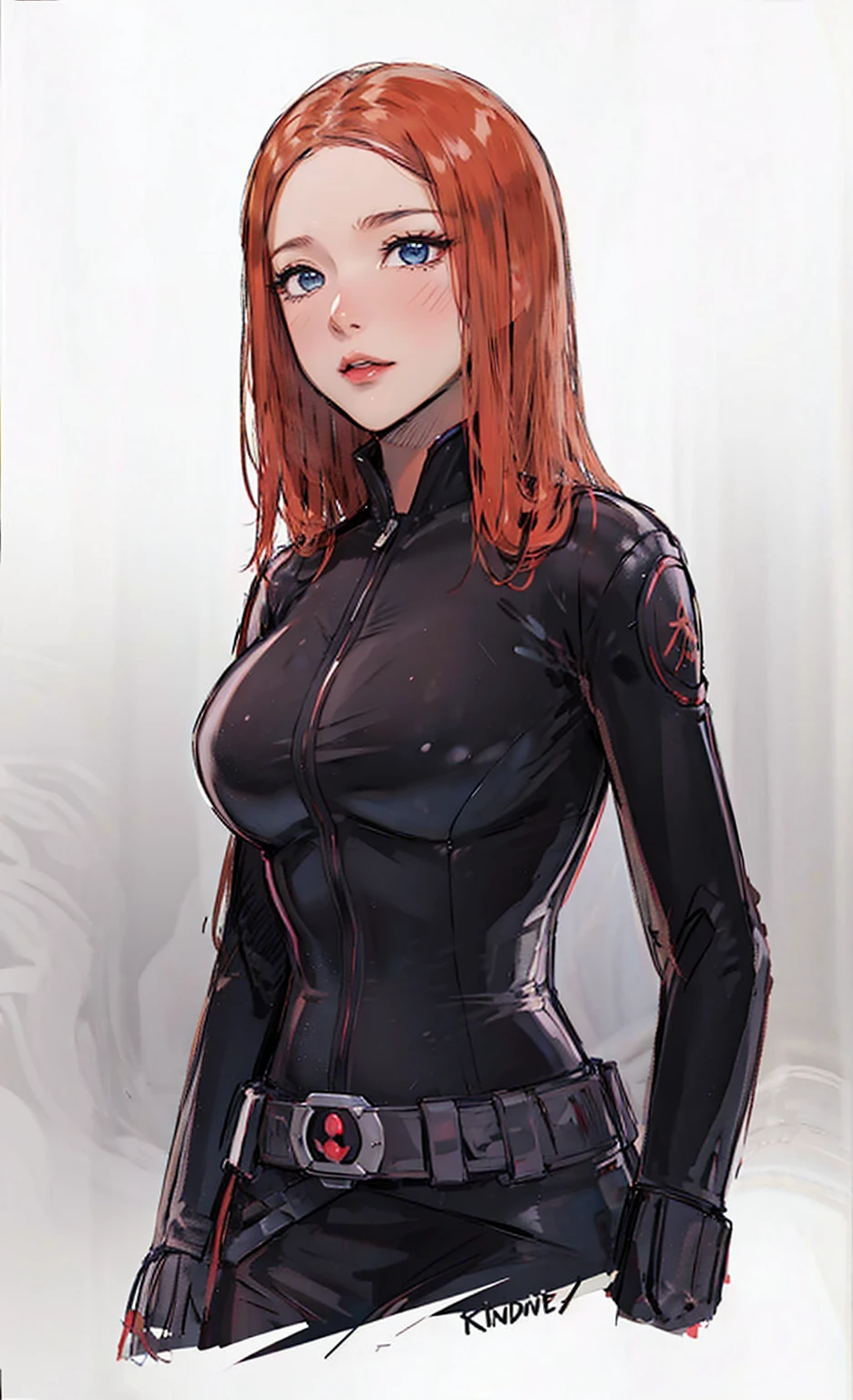 The image depicts Black Widow. She is illustrated with bright red, shoulder-length hair and blue eyes, and is clad in a sleek skin-tight shiny black latex bodysuit with a black silver zipper running down the front. The suit is complemented by her shiny iron wrist guard on both wrists and a metal belt with a buckle with a red hourglass mark. Her gaze is intent and directed off-screen, implying alertness and focus on an unseen threat or target. She appears with a cute smile on her face. The atmosphere of the image conveys confidence and resilience, characteristics synonymous with the Black Widow persona. The background of the image is an off-white color, which creates a subdued and timeless ambiance.