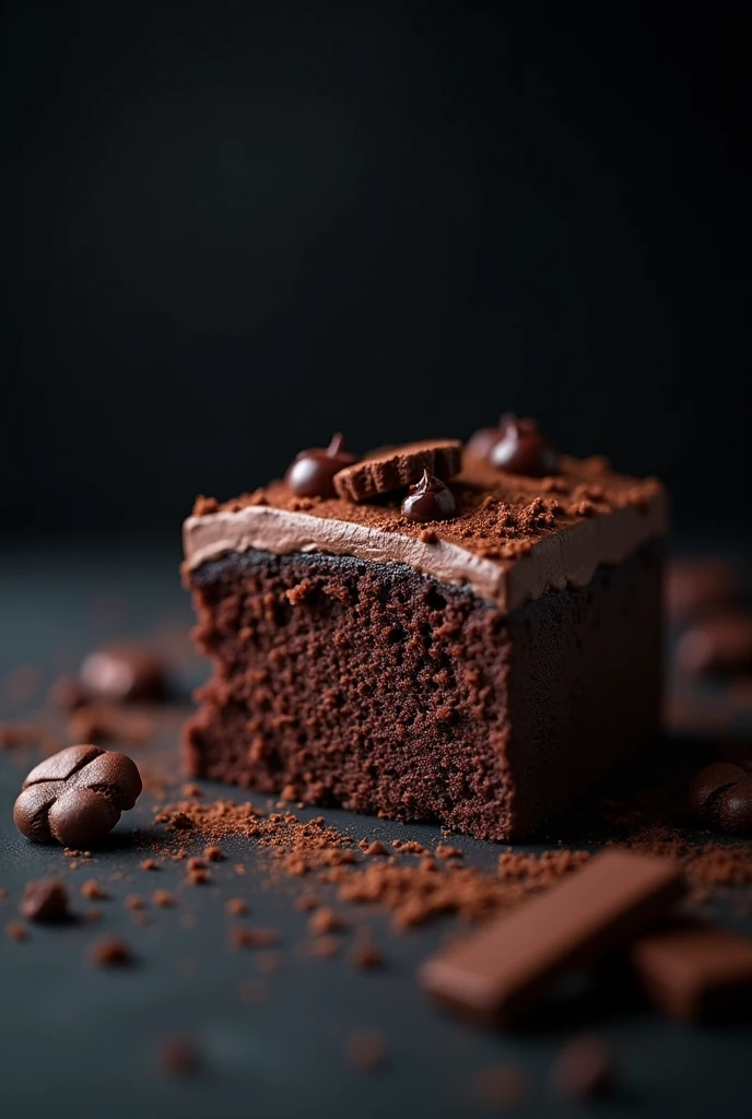 cinematic film still chocolate, chocolate cake, dark background, quality photo, moist texture, frosting, studio photo, slice . shallow depth of field, vignette, highly detailed, high budget, bokeh, cinemascope, moody, epic, gorgeous, film grain, grainy