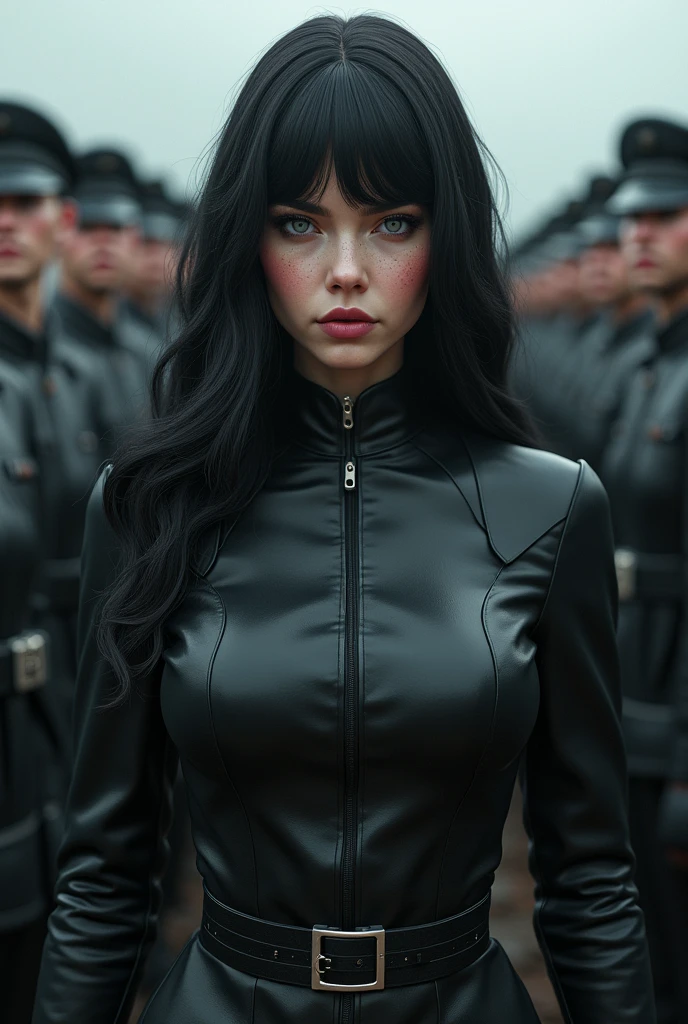 A pretty woman, long wavy hair with a fringe covering her forehead, Grey blue eyes almost like metal, pale chick, splattered nose. Black military uniform with all his weapons equipment ready in front of an entire army in a military salute.breasts, fringe, black hair, depth of field, bright pupils, serious, Red lips, pale, wicked, determined, Plano americano, 3D rendering, Long hair,