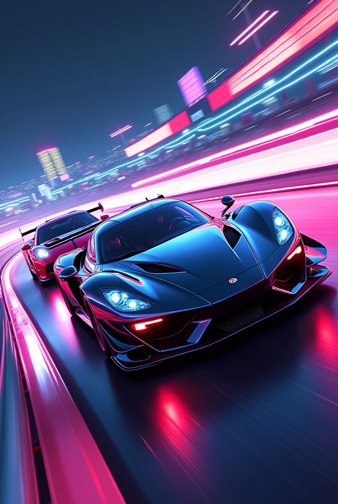 Video game gran turismo neon vector illustration , Incredibly large details, 16K, tshirt design, Incredibly shiny, saggy, high detail - V、Running a race、Another rival sports car