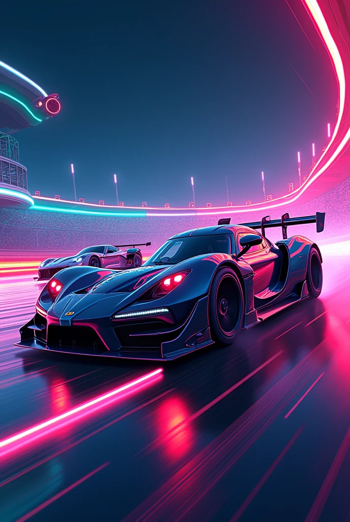 Video game gran turismo neon vector illustration , Incredibly large details, 16K, tshirt design, Incredibly shiny, saggy, high detail - V、Running a race、Another rival sports car