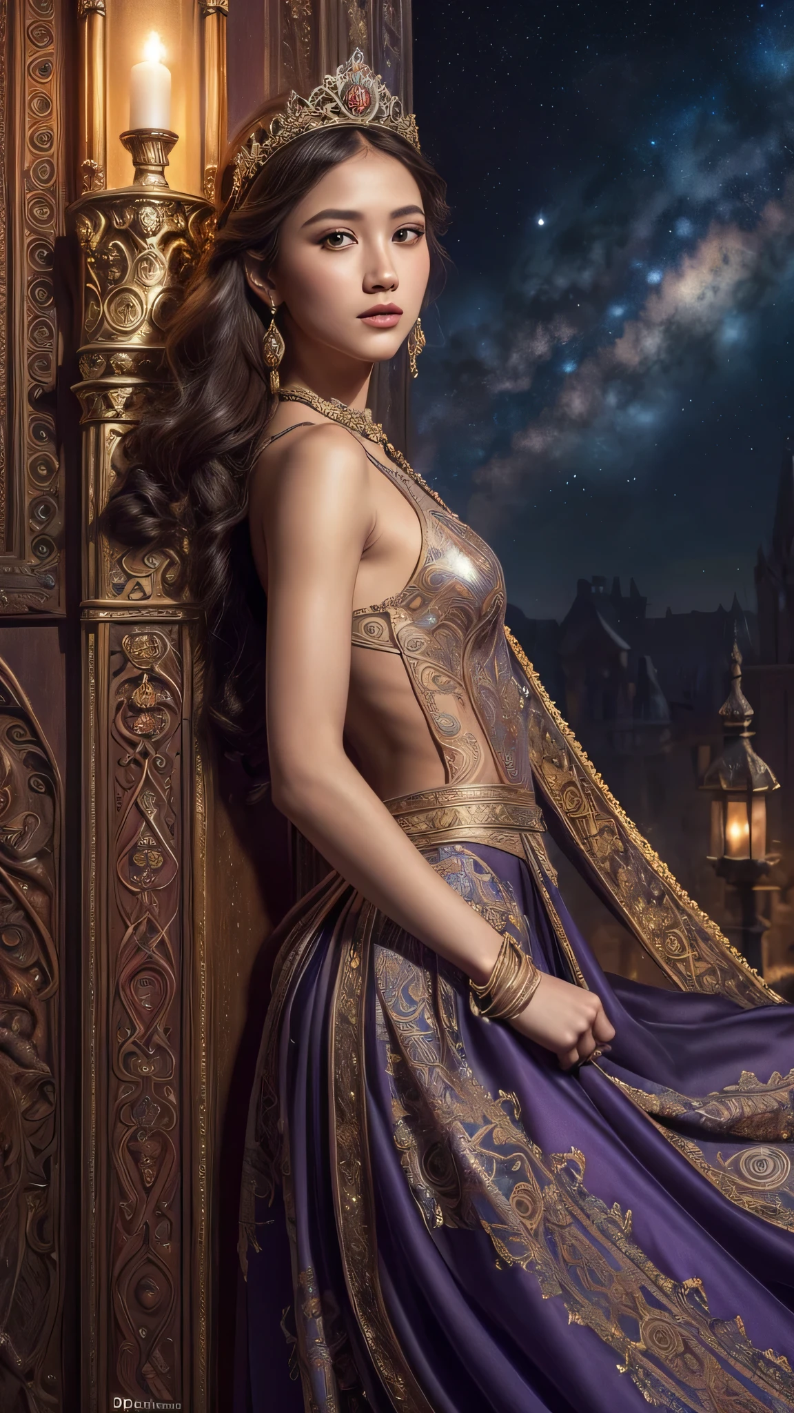 A beautiful princess, elegant, detailed, cute, (Rubensian), (Romanesque Background), (Night Sky), elegant detailed dress, (art：dgtlv2、Henry Asensio、Jean Chin、Josephine Wall、Edwin Deakin), (masterpiece), (Excellent anatomy), masterpiece, Ultra-high resolution, highly detailed