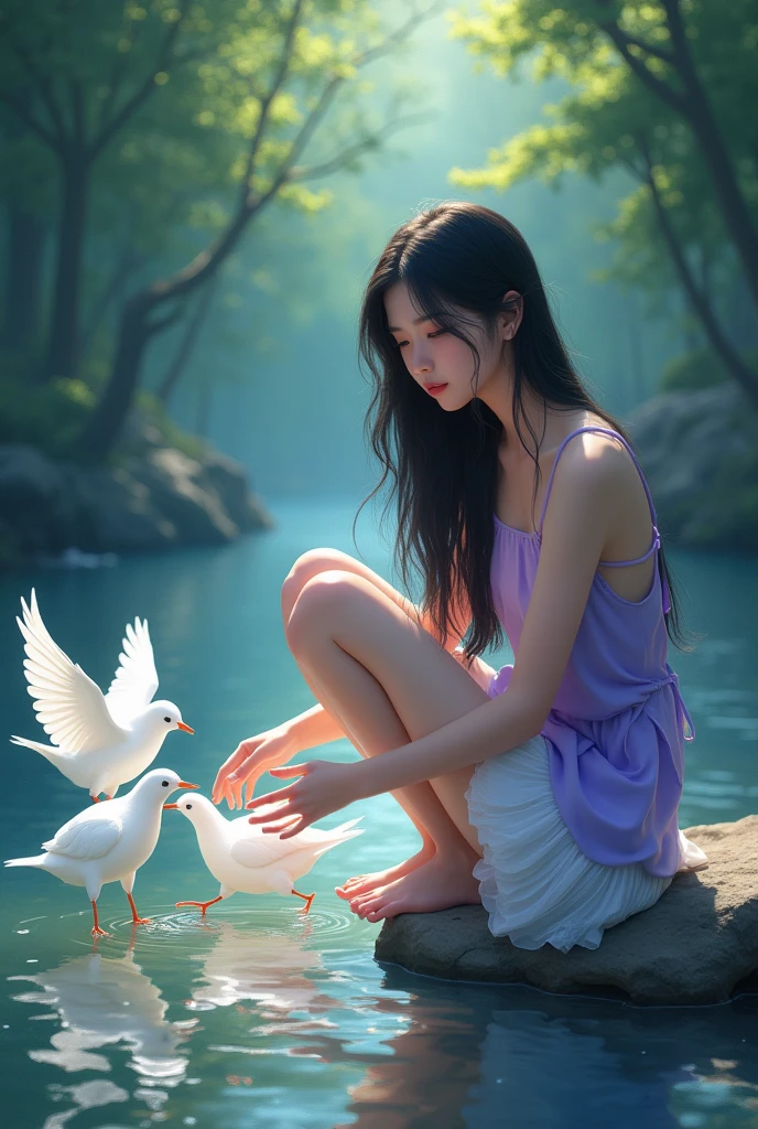 full lenght Young woman, beautiful and sweet, 20 years old, long black hair, wearing a sleeveless purple dress and a short white skirt, light and beautiful, a soft and delicate forest scene, shimmering light, beautiful. Young woman sitting and playing with four or five glowing white birds by the water. Oil painting, oil painting, three-dimensional painting, art painting, Professor Chalermchai, riverside scene in the morning.