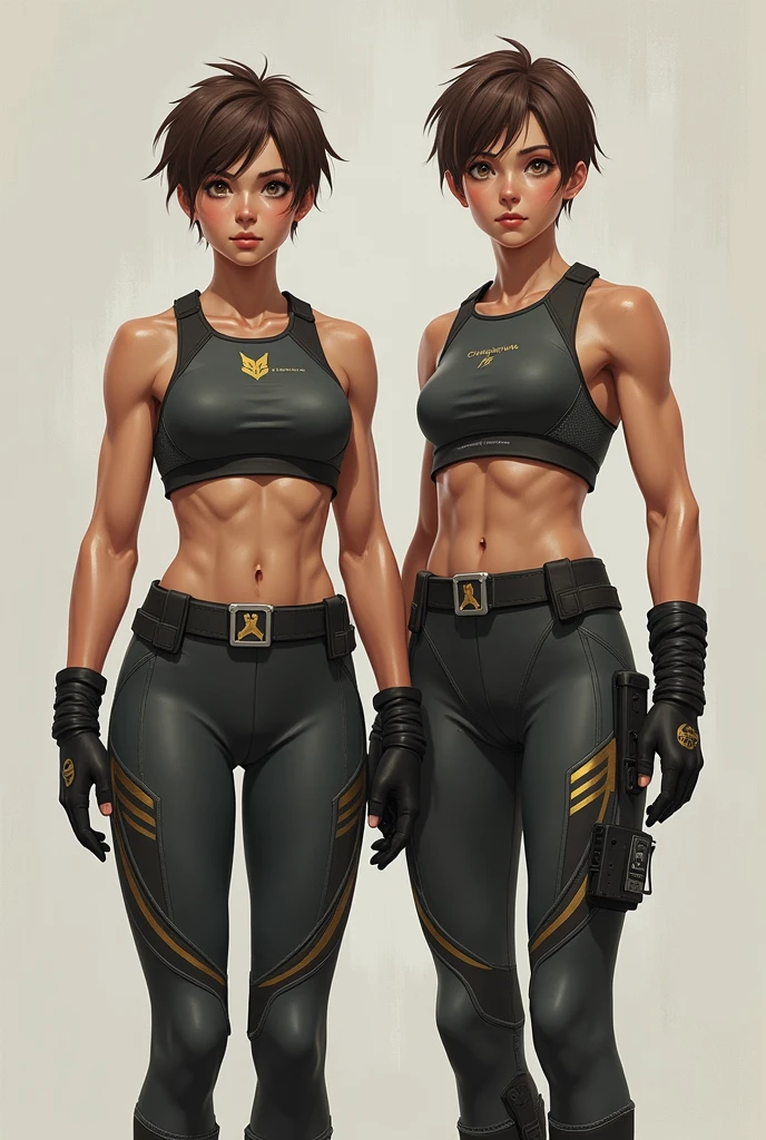 Image of male and female twins, of Brown hair, clear eyes, Whole body, muscular, with training clothes of 21st century elite warriors