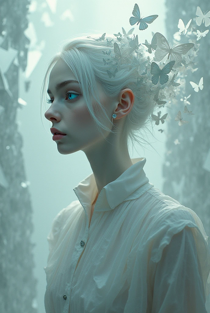 Girl standing, all grey, left eye blue pupils, right eye butterflies, broken mirror,