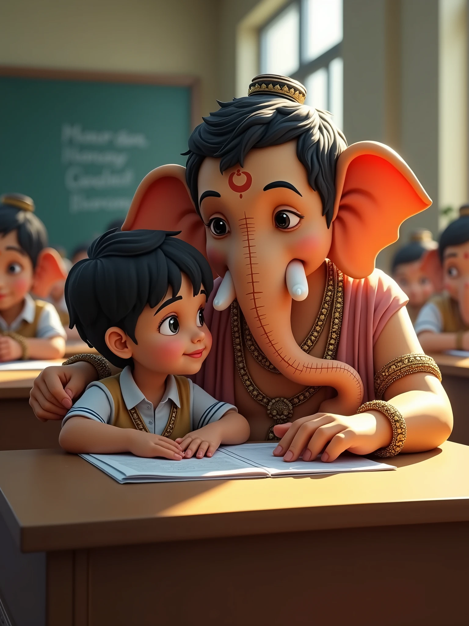 ganesh ji sitting with a 5th class student in exam hall try to help in exam