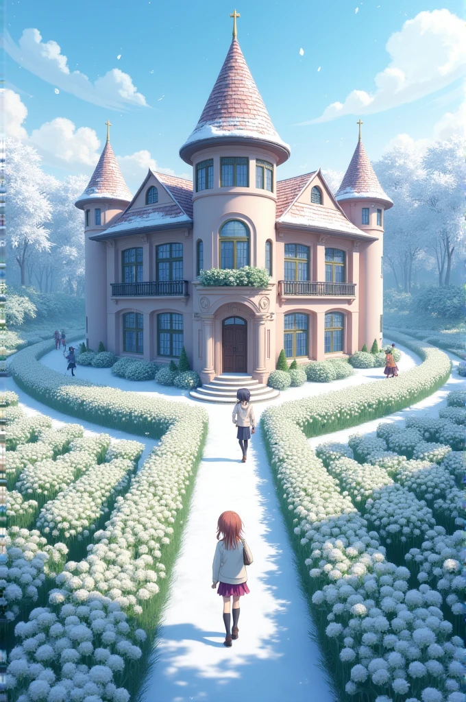 Make a school in the middle of a garden of white flowers and snow with the name GARDEN, anime traits