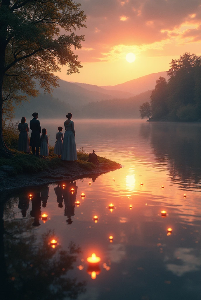 Beautiful picture at a lake with floating candles at sunset on the occasion of the birthday of a deceased person