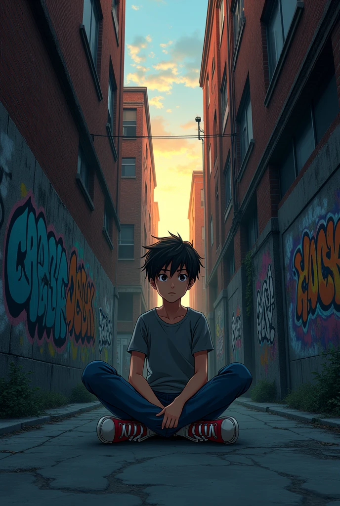 anime, alley, boy sitting with tennis shoes, evening, Graffiti 