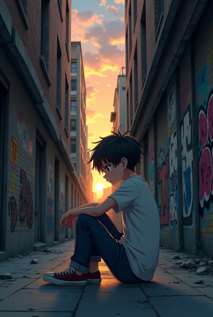 anime, alley, boy sitting with tennis shoes, evening, Graffiti