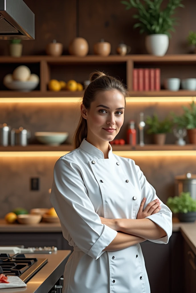 well decorated , modern kitchen, with food on the shelf, best interior, lady chef