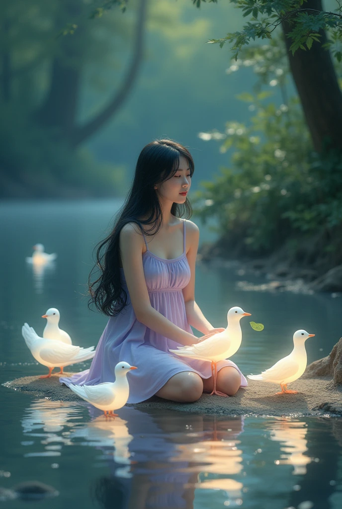 full lenght Young woman, beautiful and sweet, 20 years old, long black hair, wearing a sleeveless purple dress and a short white skirt, light and beautiful, a soft and delicate forest scene, shimmering light, beautiful. Young woman sitting and playing with four or five glowing white birds by the water. Oil painting, oil painting, three-dimensional painting, art painting, Professor Chalermchai, riverside scene in the morning.