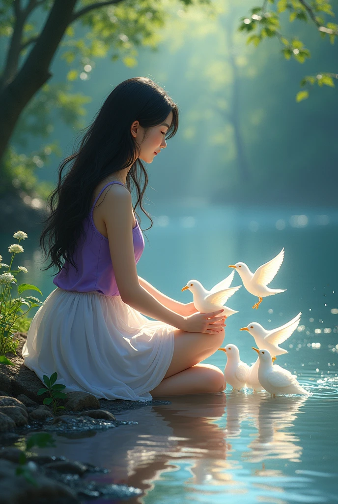 full lenght Young woman, beautiful and sweet, 20 years old, long black hair, wearing a sleeveless purple dress and a short white skirt, light and beautiful, a soft and delicate forest scene, shimmering light, beautiful. Young woman sitting and playing with four or five glowing white birds by the water. Oil painting, oil painting, three-dimensional painting, art painting, Professor Chalermchai, riverside scene in the morning.