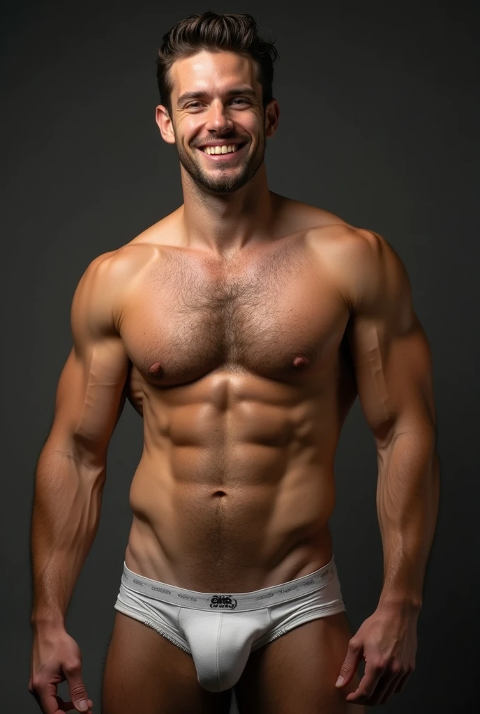 A man with a bulging crotch wearing only underwear shows off his wet six-pack, revealing the head of his dick.