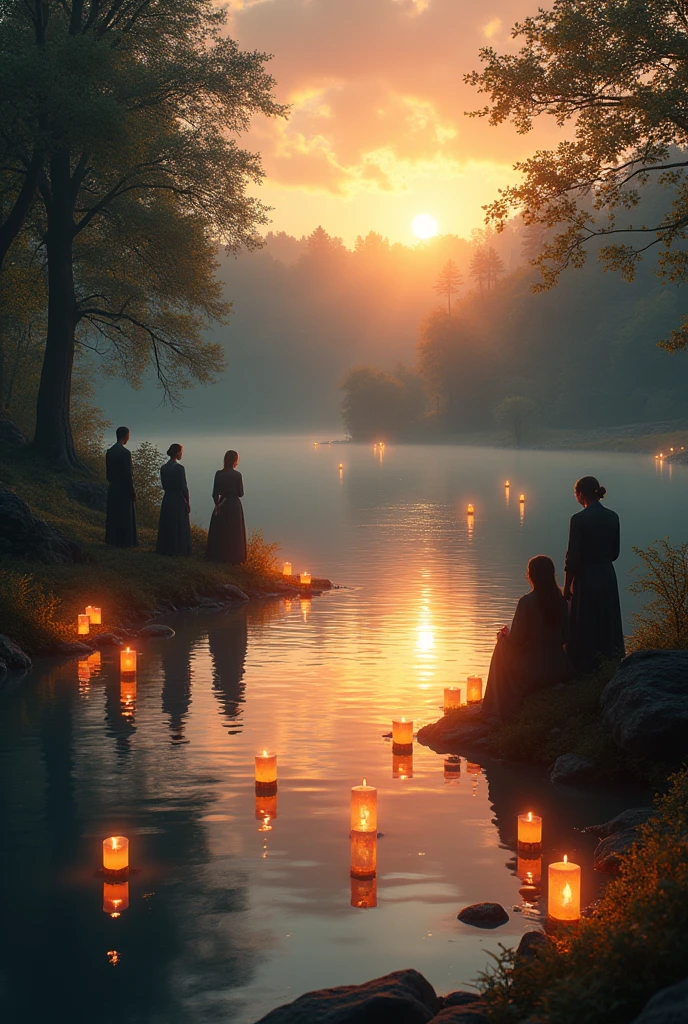 Beautiful picture at a lake with floating candles at sunset on the occasion of the birthday of a deceased person