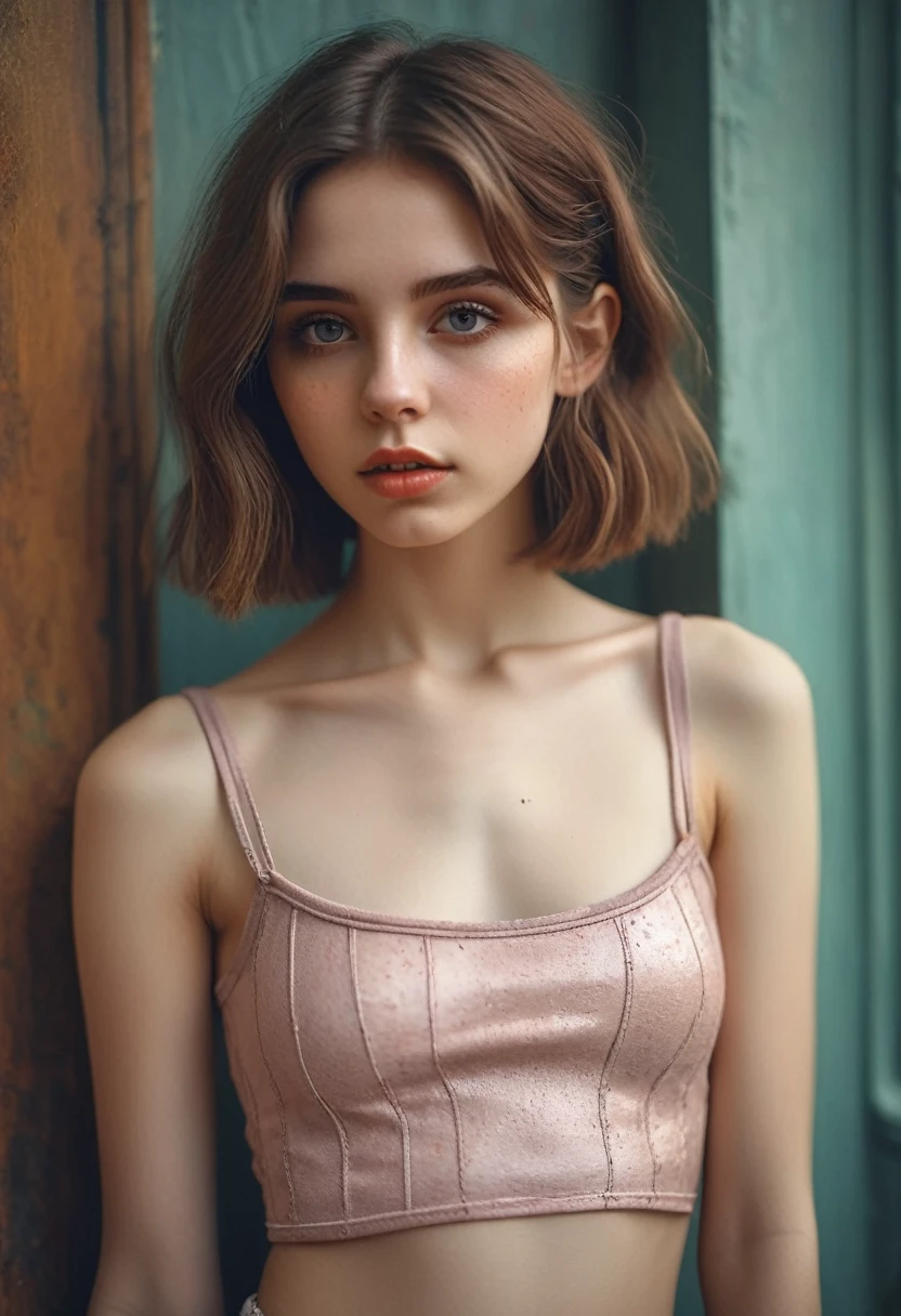 (Cinematic photo:1.3) From (Thigh-length photos:1.3),(skinny:1.3) ((CROPTOP, NAVEL)) Beautiful  girl, (complex brown hair), Highly detailed texture кожи, realistic texture кожи, looks straight into the camera, (looks at the viewer) ), pout, , Shine, Dramatic, Dreamy, pastelный цветочный сад, elegant, strange, gentle, Highly detailed, difficult, UHD Digital Photography, Fantasy theme, skinny shoulders, Photo to the knees , beautiful young girl, big, Beautiful body, highly detailed full-length shot, Dreamy, pastel, watercolor, strange, gentle, detailed hair band, Highly detailed texture, realistic texture, digital painting, highly detailed photo, (art deco: 1 .хFromоралFromм:1.3),(Classic realotm:1.3),(Fujifilm Superia:1.3),, golden hour light,