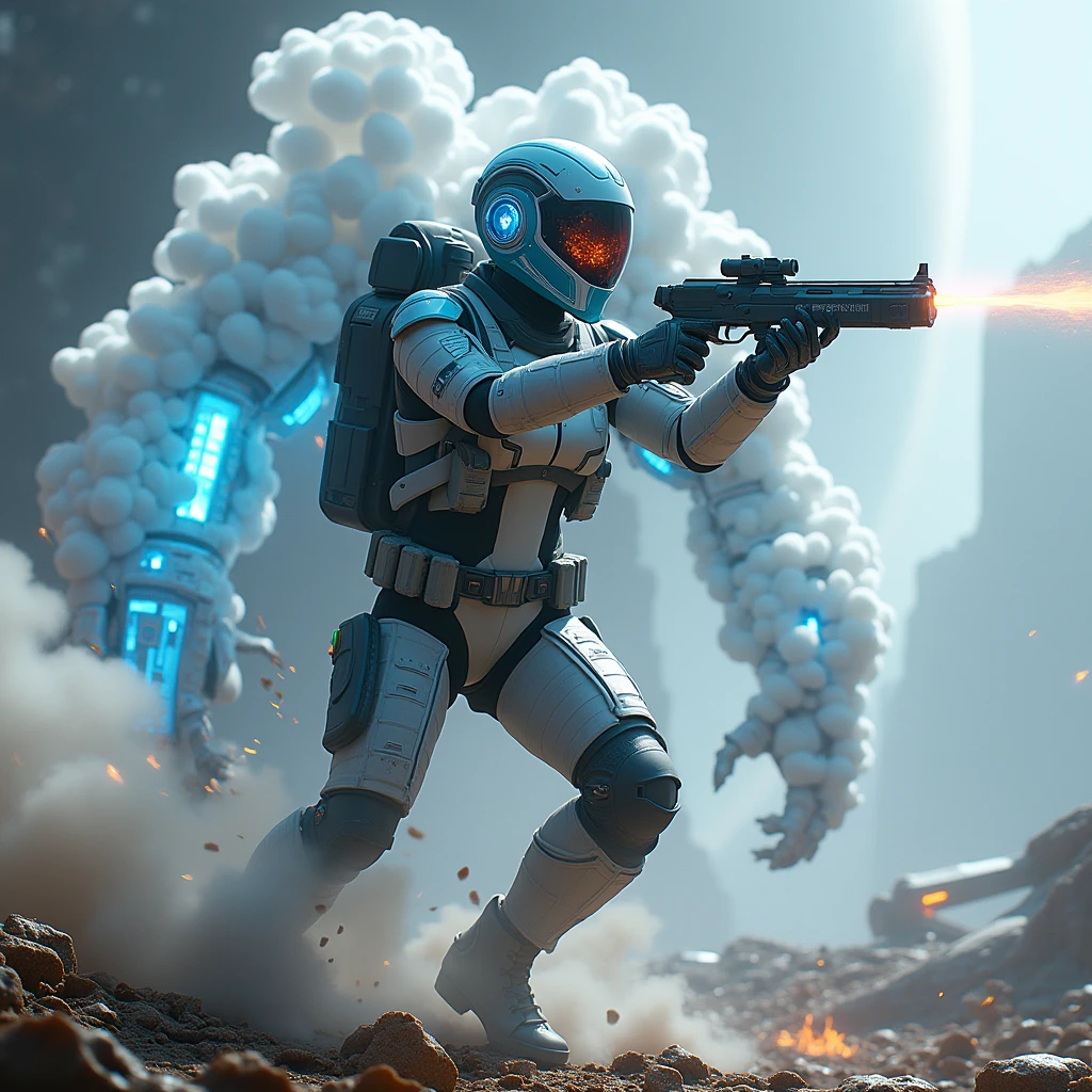 A full protective helmet mask and futuristic high-tech combat mech made of smoke and water，Sci-fi female space warrior，High-tech science fiction magical weapons，Tactical equipment，Shooting stance，Battlefield environment，Art Photography
