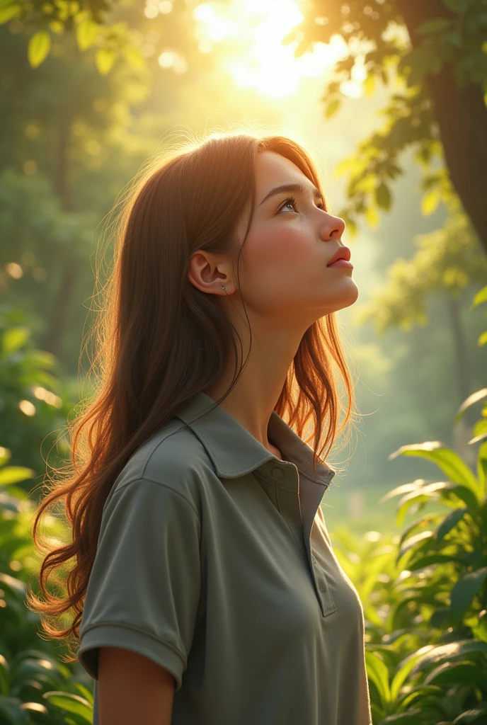 Make a girl with light brown hair, backwards, looking at the sun in a park where you can see his hair that reaches just below his shoulders and part of his back and he is wearing a wide, gray polo shirt, that it is very realistic and that the arch has many plants
