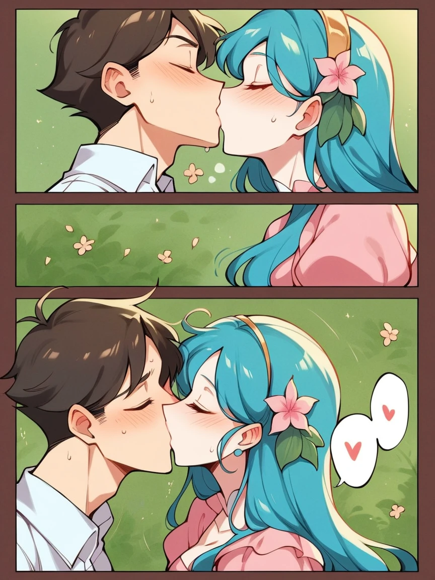 score_9, score_8_up, score_7_up, score_6_up, p4n3ls, 1girl, 1boy, flowers, long hair, panels, (8k, best quality, master piece: 1.2),super high resolution,A page of a soft pastel colored comic book divided into frames、Romeo and Juliet、A princess falls in love with a prince、speech bubble、Powerful girl manga style, kiss