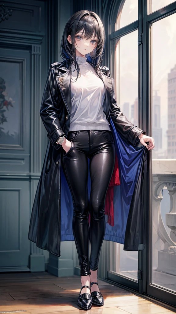 ((True best masterpiece, Ultimately perfect quality, Extremely delicate details)), A girl with black hair, Wearing a blue leather long coat, Wearing a pants, Full body