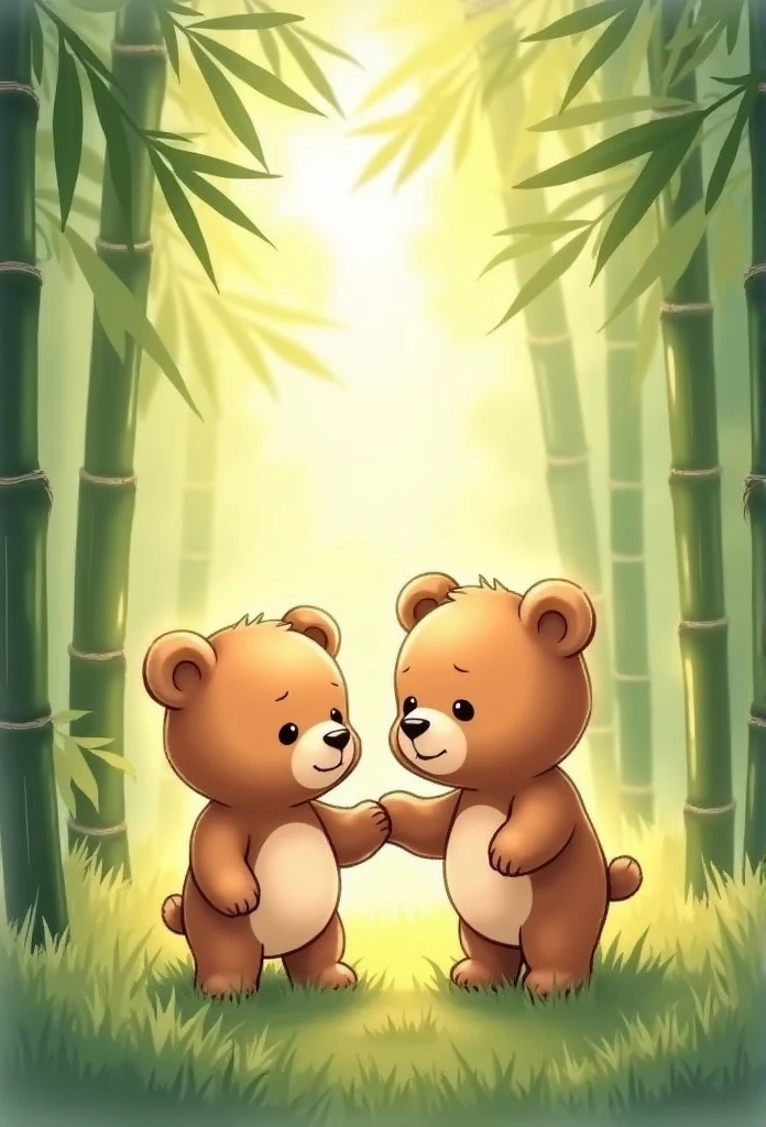 Two cute fluffy baby bears、They are frolicking in the bamboo forest grassland where sunlight is shining through., Warm light shines through the leaves,. Fine hair texturing, Calm natural atmosphere, Gentle lighting. Traditional watercolor style.  ●AR4:5 - s 400 - 虹5