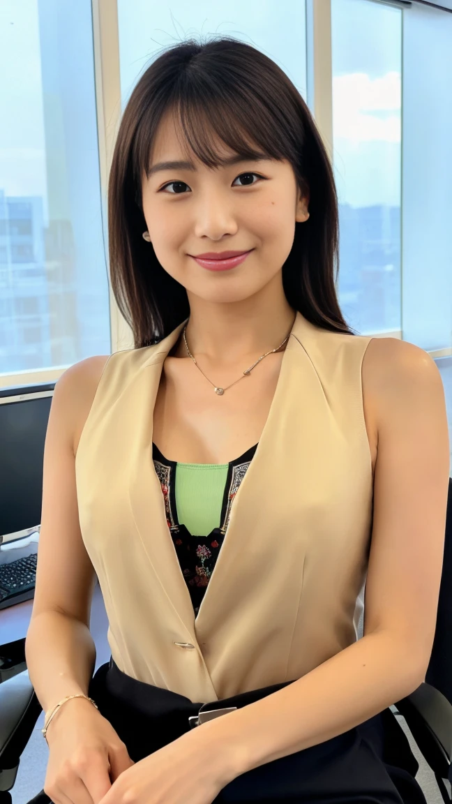 (top-quality, 16K, masterpiece:1.3), (ultra detailed), (masterpiece), (best quality), Highest quality, Realistic, surreal, Highest quality, Extremely detailed CG, Very delicate, 16K wallpaper, High resolution, A female manager working for a top company, 3, ((Light makeup)), ((There is a mole on the face that is considered seductive:1.0)), ((adorable dimples)), ((UNTITLED business suits)), ((A very simple necklace)), Japan Office, ((sitting in an office chair)), Japanese, slender body, ((flat chest:1.5)), very detailed, detailed fingers, detailed hands, detailed eyes, detailed legs, accurate and perfect human anatomy, real human skin, BREAK ((upper body)), ((look into the viewer's eyes)), ((looking at viewer)), ((Front view)), ((from front)),