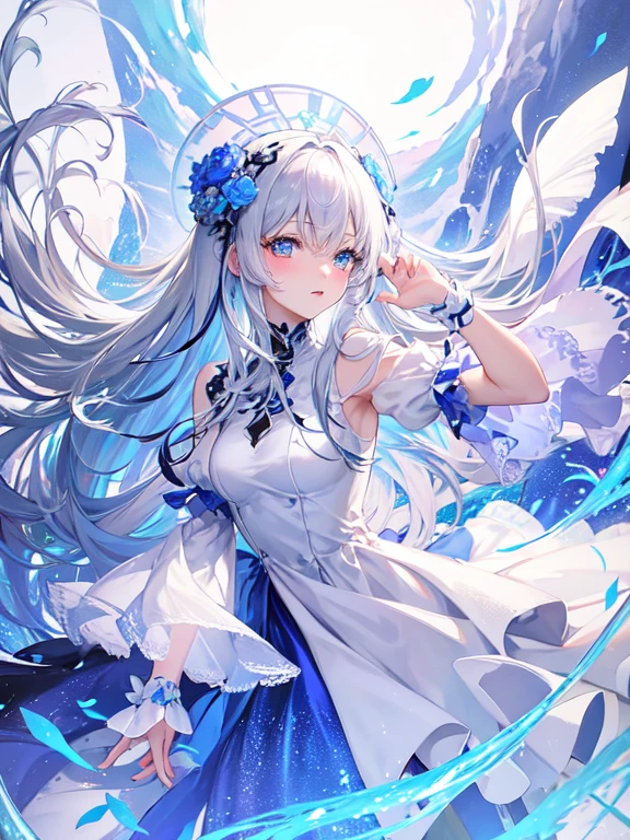 Heterochromia iridis、beautiful、ephemeral、Silver Marble Skin、hope、Highest quality、masterpiece、landscape、Magical atmosphere、Blue theme、crystal flower、Extend your hand to the sky、pastel colour、Sunken eyes、General people、Dark atmosphere、White background