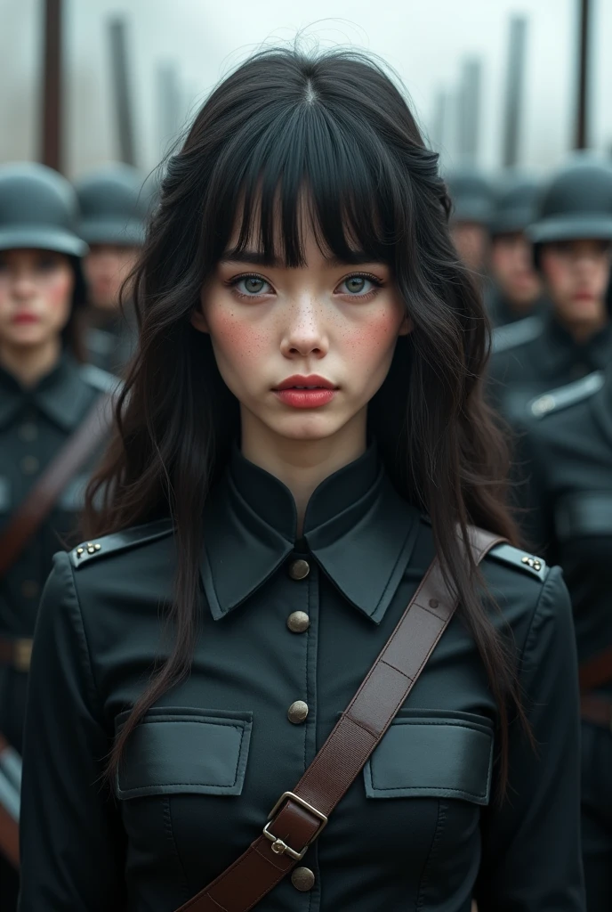 A beautiful, young woman, long wavy hair with a fringe covering her forehead, eyes grey like metal, pale white chick, splattered nose. Black military uniform with all his weapons equipment ready in front of an entire army in a military salute.breasts, fringe, black hair, depth of field, bright pupils, serious, pink lips, pale, determined, Plano americano, 3D rendering, Long hair, blush, Chapped lips, make-up, gradient eyes,