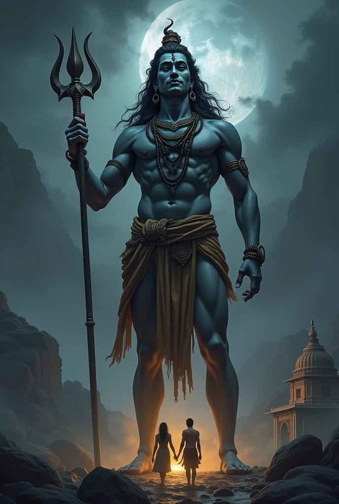 Happy smart shiv bhagwan in lion's dress, in one hand trishool, second hand showing to humans hand, shiv bhagwan have only two hands and humans are very small and couples of man and women humans are wanting to shiv bhagwan and with background dark and shiv bhagwan is looking to humans with big temple