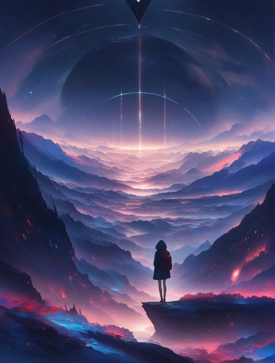 score_9, score_8_up, score_7_up, score_anime, masterpiece, top quality, delicate illustration, sharp lines, sharp focus, BREAK,Traveler girl wandering in the endless night world,girl wearing a hood,backpack full of stuff,night Otherworldly, Fantastic scenery, Beautiful landscape, Harmony with nature, Spectacular view, ((dark)), Scenery that no one has ever seen before