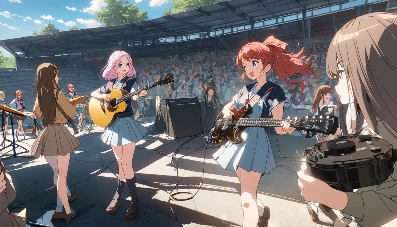4People Girls、Disjointed hairstyle、Various hair colors、Varied eye colors、Japanese high school students、Japanese School Uniform、Music band、guitarist、bassist、drummer、Synthesist、guitar、base、drum set、Synthesizer、Mike stand、Outdoor Stage、anime, anime風, Digital Art, Japanese illustration style, Overlooking, High resolution, masterpiece, 最高quality, High detail, High-resolution model, 高quality, quality, Very detailed, Textured skin, Ultra high definition,