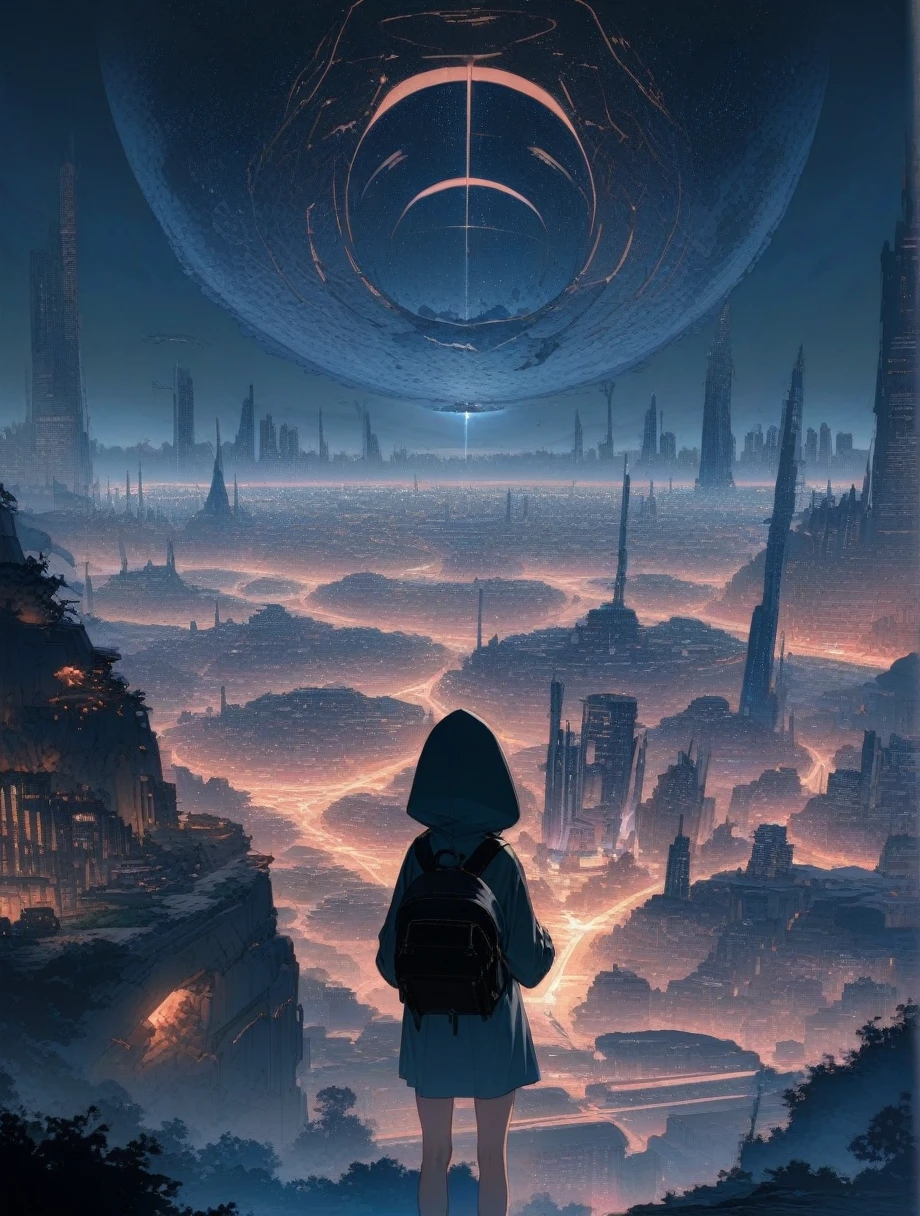 score_9, score_8_superior, score_7_superior, score_anime, masterpiece, Highest quality, Delicate illustrations, Sharp Lines, Sharp focus, break,果てしないnightの廃墟をさまよう旅の少女, The girl is wearing a hood, There is a lot of stuff in the backpack.,night, Future City, Wonderful landscape, Beautiful views, Harmony with Nature, Nice views, Machine City,((dark))
