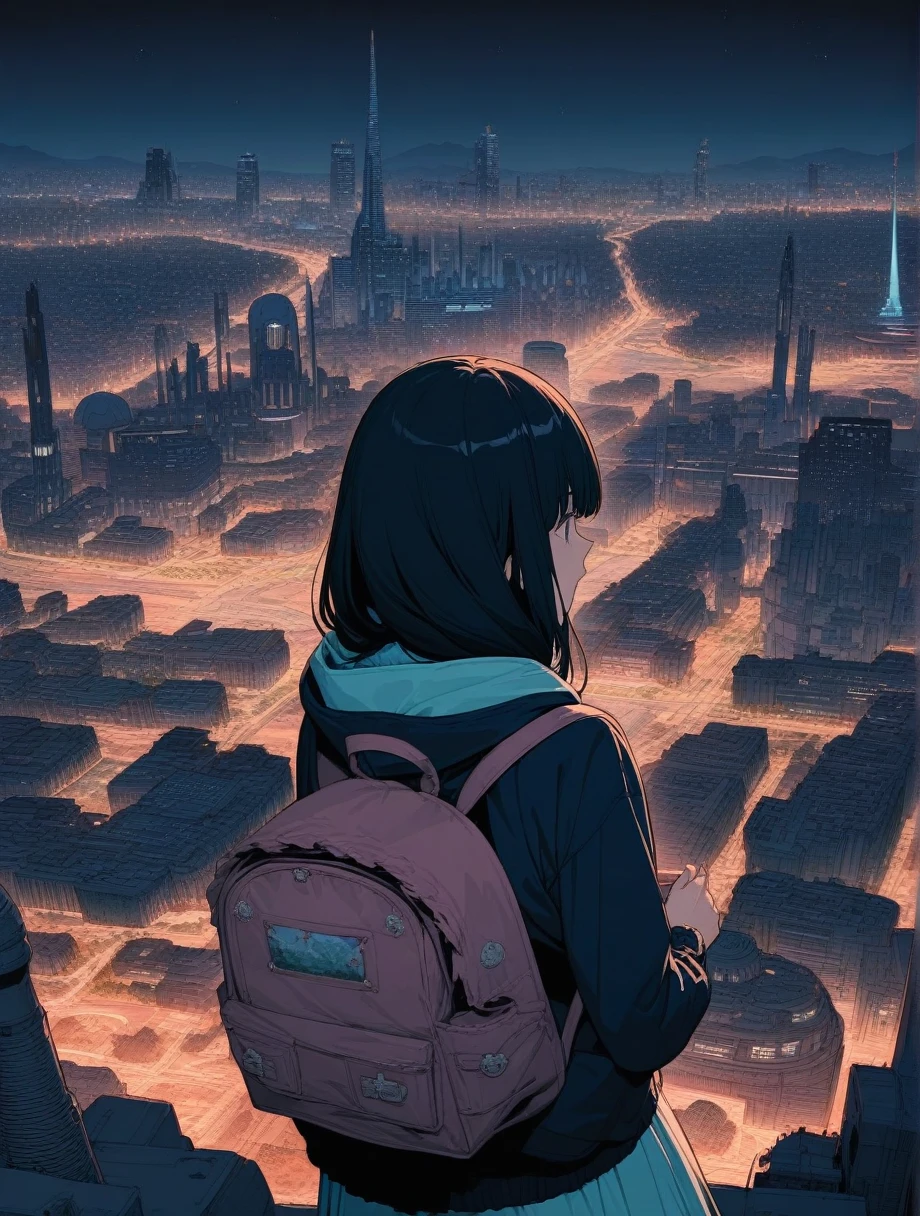 score_9, score_8_superior, score_7_superior, score_anime, masterpiece, Highest quality, Delicate illustrations, Sharp Lines, Sharp focus, break,果てしないnightの廃墟をさまよう旅の少女, The girl is wearing a hood, There is a lot of stuff in the backpack.,night, Future City, Wonderful landscape, Beautiful views, Harmony with Nature, Nice views, Machine City,((dark))