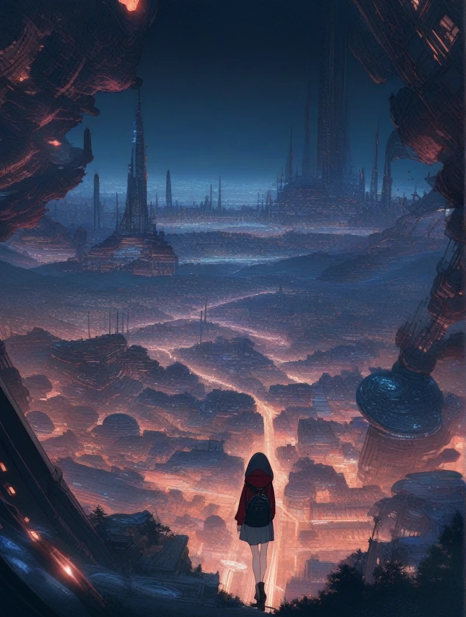 score_9, score_8_superior, score_7_superior, score_anime, masterpiece, Highest quality, Delicate illustrations, Sharp Lines, Sharp focus, break,果てしないnightの廃墟をさまよう旅の少女, The girl is wearing a hood, There is a lot of stuff in the backpack.,night, Future City, Wonderful landscape, Beautiful views, Harmony with Nature, Nice views, Machine City,((dark))