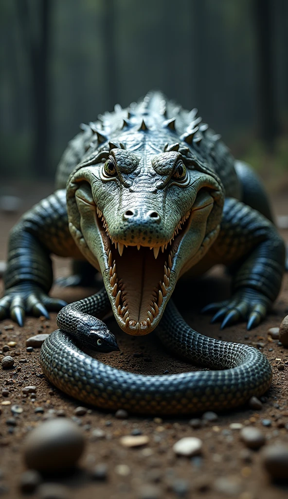 Crocodile on a dead black mamba that it fought