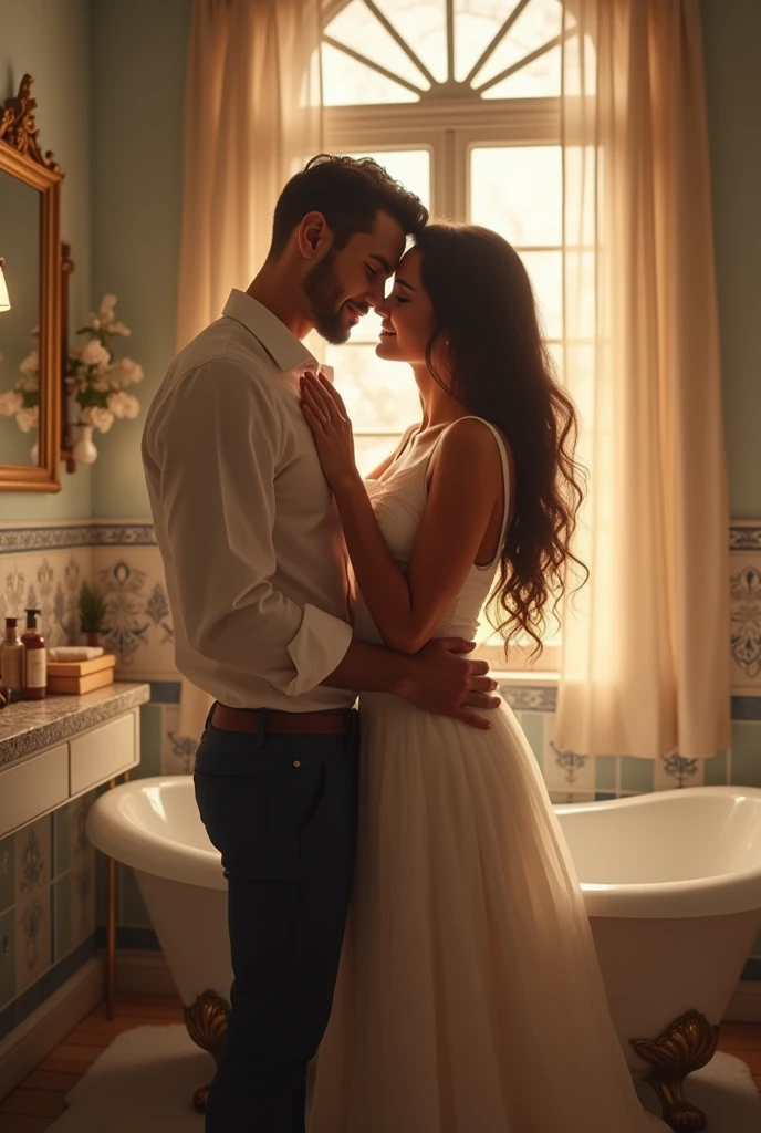 Hasband and wife in washroom 

