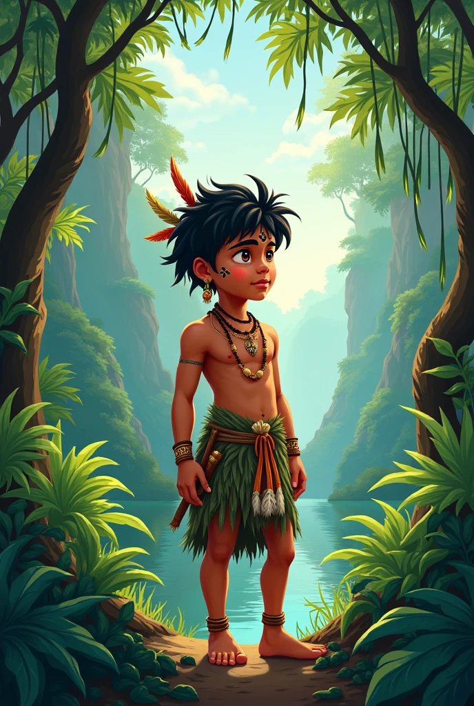 Indigenous male child, amazons, Beautiful landscape, 2d, (solo)