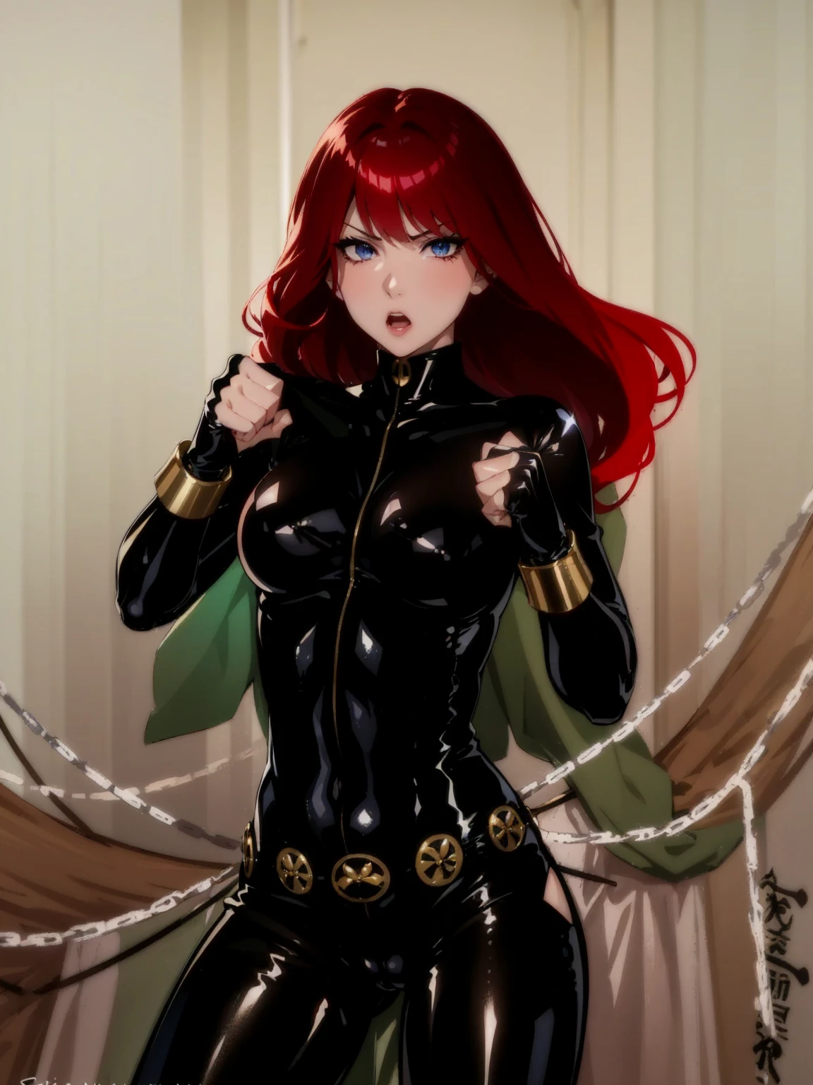 The image is a drawing of a girl with shoulder-length, bright red hair dressed in a sleek skin-tight shiny black latex bodysuit with a silver zipper running down the front. The suit is complemented by her golden wrist guard on both wrists and a golden belt made of shiny circles. She has blue eyes. She stands with a strong posture, hands clenched into fists at her sides, and eyes cast with a determined or fierce gaze. In the background, there are white chains that curve upwards. Her overall stance and the background chains convey a powerful presence and a sense of energy, readiness for action, and possibly a dangerous situation.