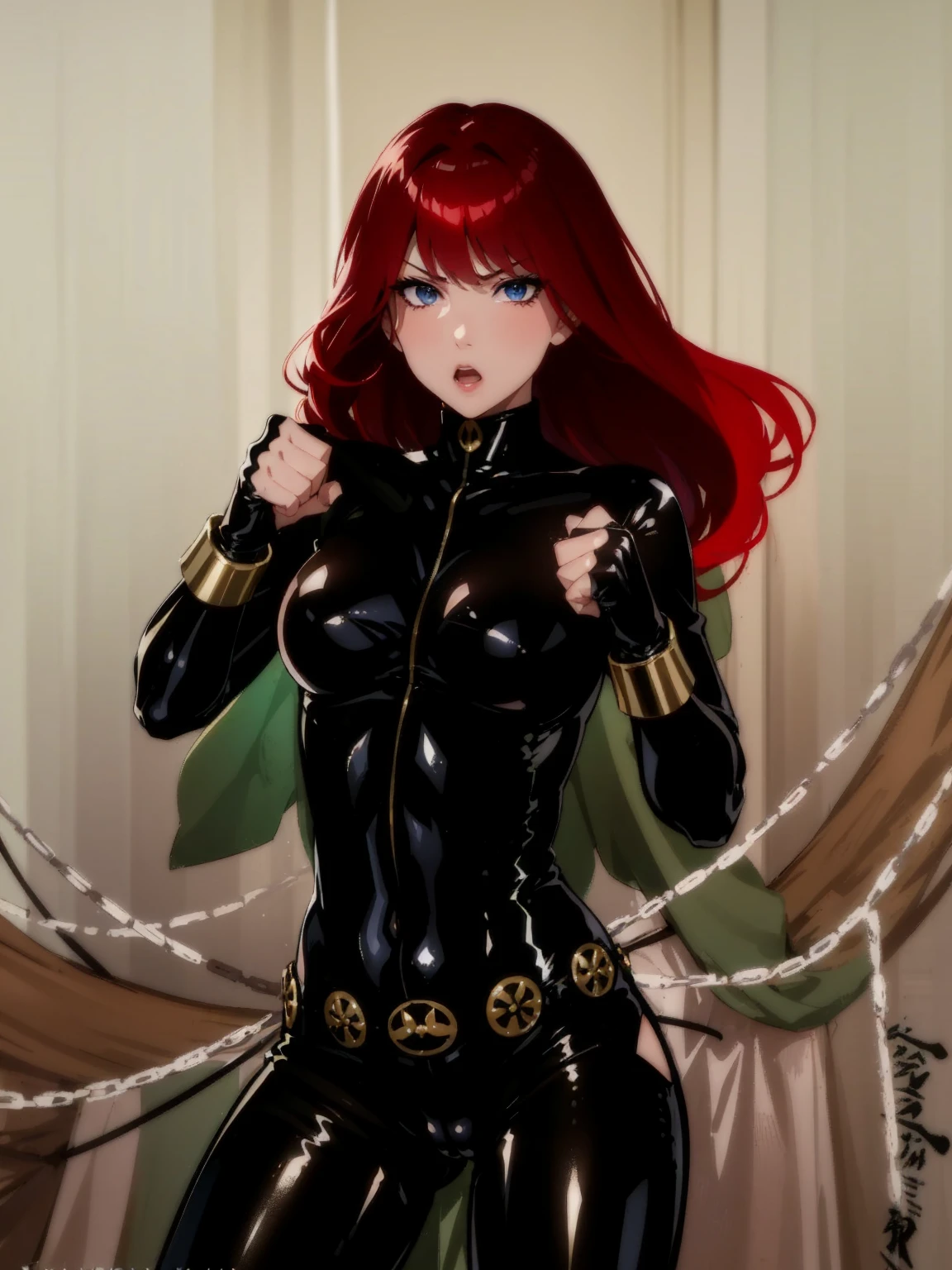The image is a drawing of a girl with shoulder-length, bright red hair dressed in a sleek skin-tight shiny black latex bodysuit with a silver zipper running down the front. The suit is complemented by her golden wrist guard on both wrists and a golden belt made of shiny circles. She has blue eyes. She stands with a strong posture, hands clenched into fists at her sides, and eyes cast with a determined or fierce gaze. In the background, there are white chains that curve upwards. Her overall stance and the background chains convey a powerful presence and a sense of energy, readiness for action, and possibly a dangerous situation.