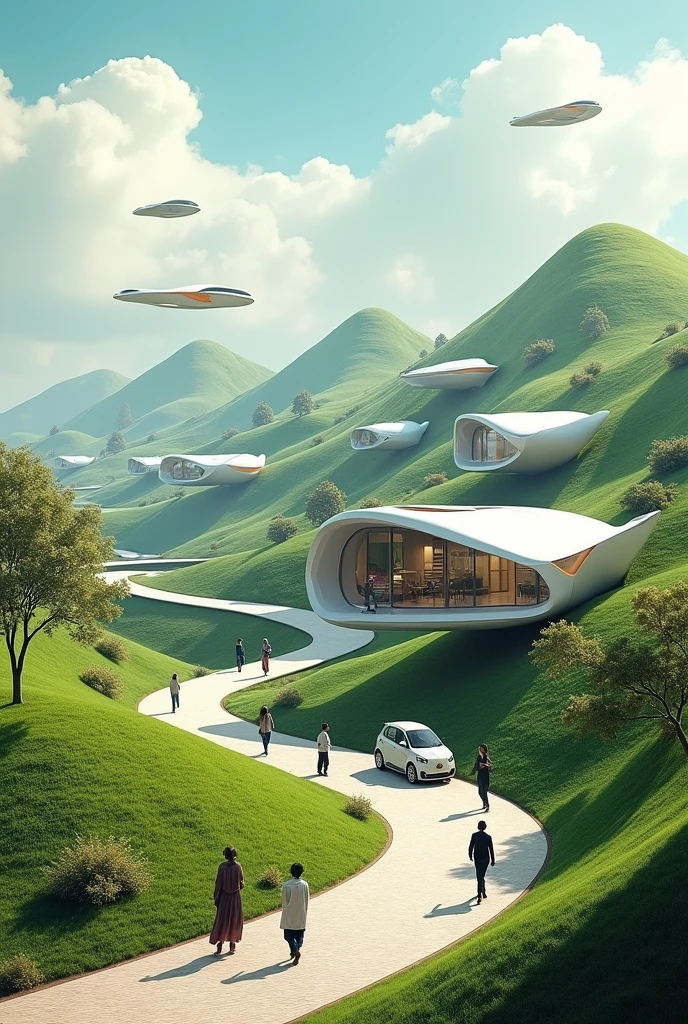 hills with lights and houses and cars and flying cars and modern house and peoples and floating house