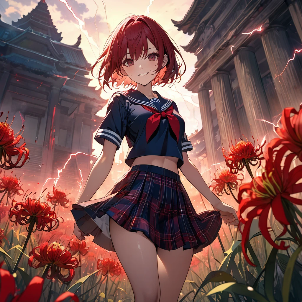 masterpiece、Bold, anime-style illustration、Dense painting、Horror taste、dusk、Cinematic lighting、Front camera angle、Temple grounds、A high school girl standing in a field of red spider lilies、Beautiful girl、Invincible Smile、stylish、short hair、Short sailor suit、Cleavage、Tartan check mini skirt。Lightning strikes her。