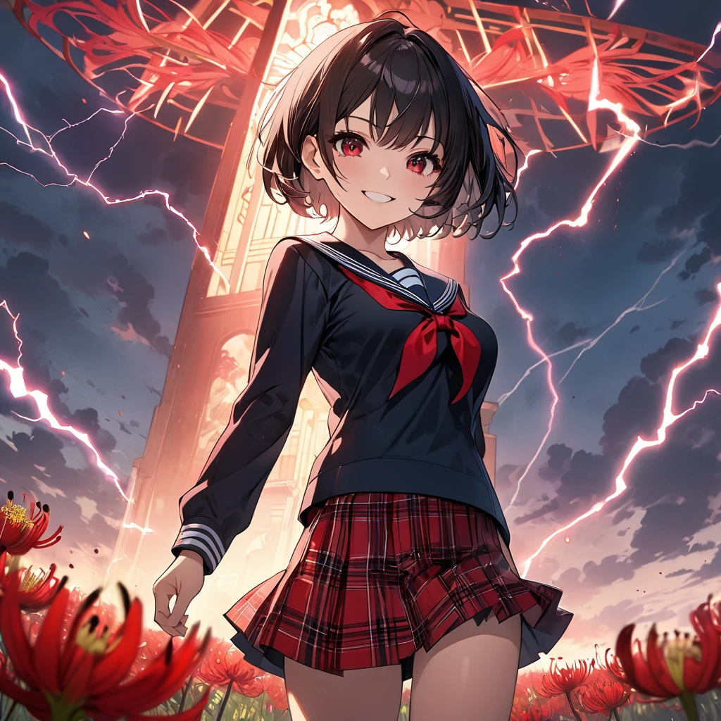 masterpiece、Bold, anime-style illustration、Dense painting、Horror taste、dusk、Cinematic lighting、Front camera angle、Temple grounds、A high school girl standing in a field of red spider lilies、Beautiful girl、Invincible Smile、stylish、short hair、Short sailor suit、Cleavage、Tartan check mini skirt。Lightning strikes her。